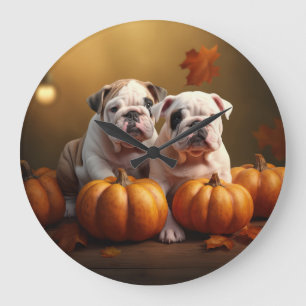 Grande Horloge Ronde Bulldog Chiot Automne Citrouille de plaisir