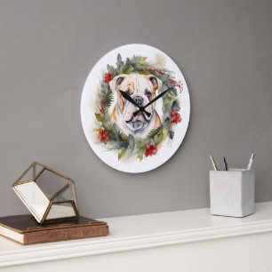 Grande Horloge Ronde Bulldog Christmas Wreath Festive Pup