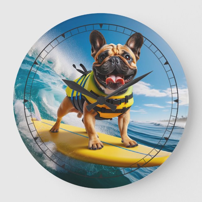 Grande Horloge Ronde Bulldog Français de Whimsical Surfing (Recto)