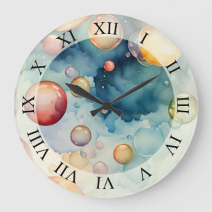 Grande Horloge Ronde Bulles Colorées Art Aquarelle