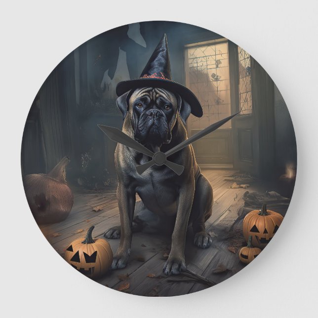 Grande Horloge Ronde Bullmastiff Citrouilles Halloween effrayant (Recto)