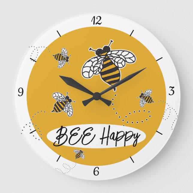 Grande Horloge Ronde Bumblebees Bee Happy moderne Jaune Blanc Noir (Recto)