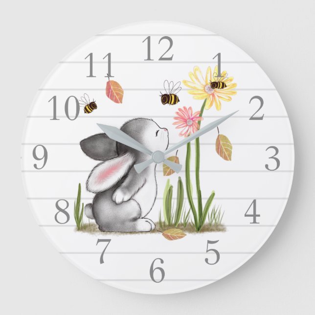 Grande Horloge Ronde Bunny bees Nursery Decor Wall Clock (Recto)