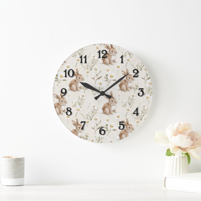 Grande Horloge Ronde Bunny Rabbits Daisy Flowers Nursery (Maison)