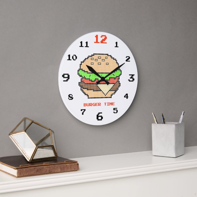 Grande Horloge Ronde Burger Time – Conception Pixel Art (Bureau)