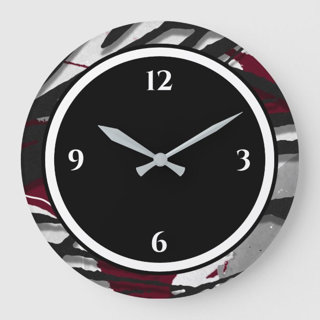 Grande Horloge Ronde Burgundy Black & White Abstract Large Clock (Recto)