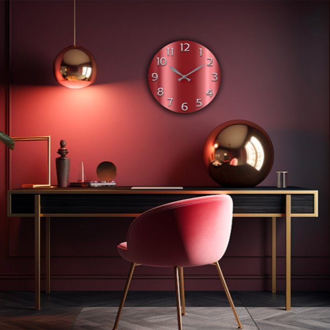 Grande Horloge Ronde Burgundy Maroon Silver Gray (Burgundy Maroon Silver Gray Metallic Arabic Number Large Clock)