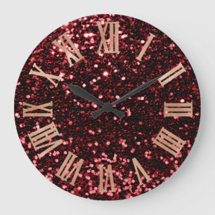 Grande Horloge Ronde Burgundy Red Glitter Metal Roman