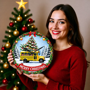 Grande Horloge Ronde Bus Scolaire de Noël Hiver