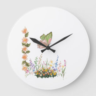 Grande Horloge Ronde Butterfly & Wildflower Garden Wall Clock – Soft Pi