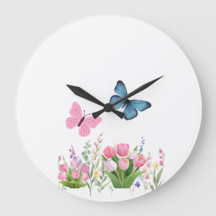 Grande Horloge Ronde Butterfly & Wildflower Garden Wall Clock – Soft Pi