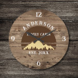 Grande Horloge Ronde Cabine de famille Rustic Retro Trees Nom de famill<br><div class="desc">Transformez votre maison en une retraite confortable avec notre Cabine de famille Rustic Retro Trees Nom de famille Grande horloge. Ce charmant garde-temps apporte la beauté rustique des grands espaces dans votre espace de vie. Présentant un design d'inspiration vintage avec des arbres rétro rustiques, il ajoute une touche de nostalgie...</div>