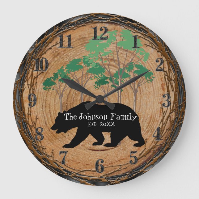 Grande Horloge Ronde Cabine en bois avec ours noir (Recto)