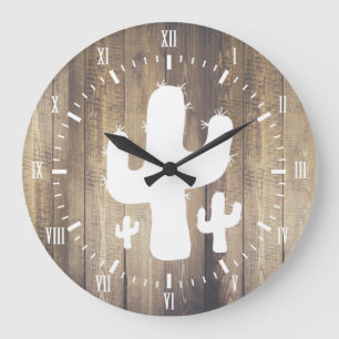 Grande Horloge Ronde Cactus blanc & Faux Wood