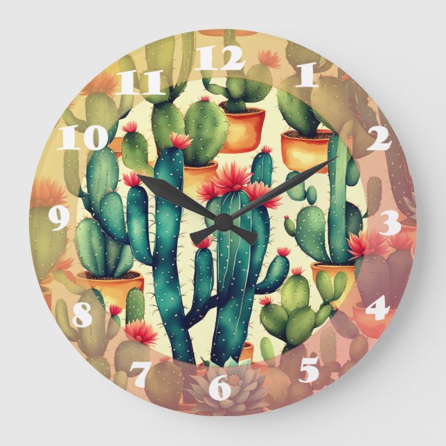Grande Horloge Ronde Cactus coloré aquarelle art (Recto)