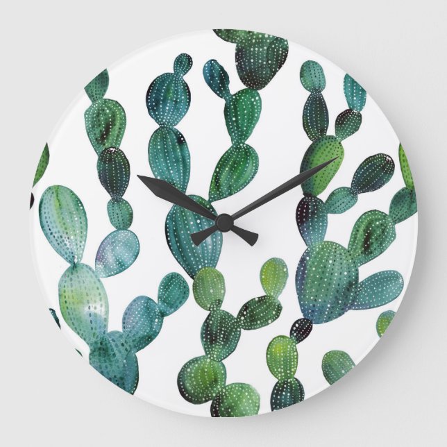 Grande Horloge Ronde Cactus Craze : Tendance de l'aquarelle tropicale (Recto)