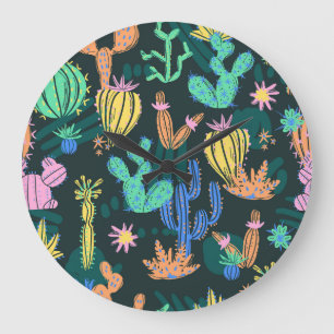 Grande Horloge Ronde Cactus dessiné à la main : sans couture scandinave