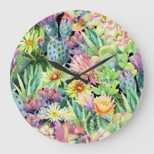Grande Horloge Ronde Cactus en floraison, motif aquarelle transparent.