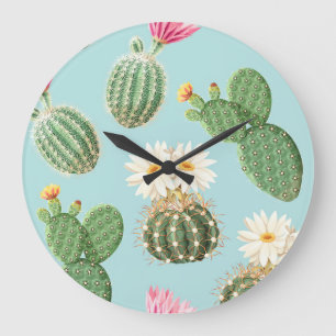 Grande Horloge Ronde Cactus, fleurs roses : décor clair