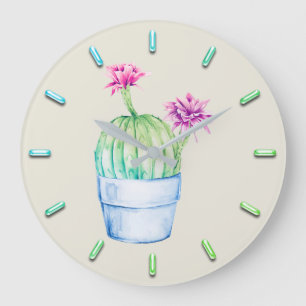 Grande Horloge Ronde Cactus Floral rose Aqua Aquarelle Mint IVORY