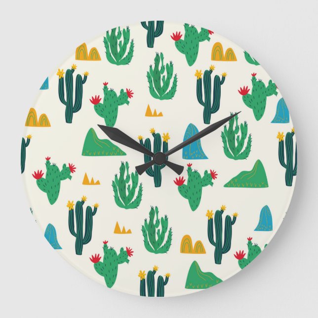 Grande Horloge Ronde Cactus Naturel : Art Folk Sans Couleur. (Recto)