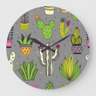 Grande Horloge Ronde Cactus, succulents : vintage tropical arrière - pl