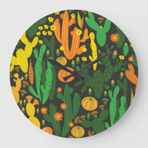 Grande Horloge Ronde Cactus vintage : motif noir transparent.