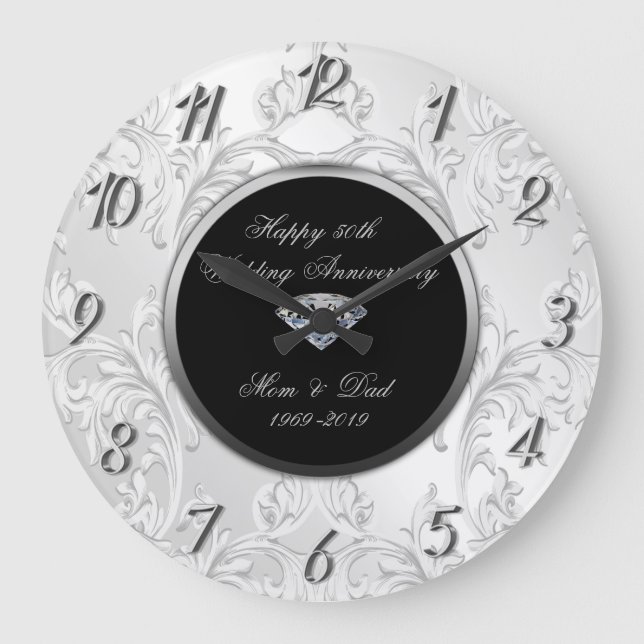 Grande Horloge Ronde Cadeau de mariage Argent Diamant Damask 50e annive (Recto)