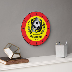 Grande Horloge Ronde Cadeau de nom de football personnalisé jaune et no