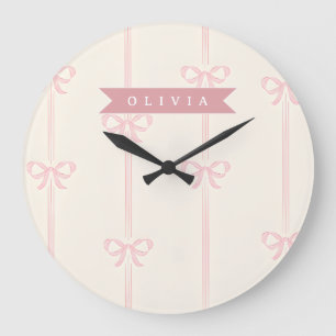 Grande Horloge Ronde Cadeau Personnalisé Nœud Rose Élégant Coquette