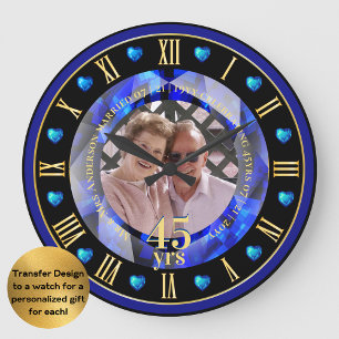 Grande Horloge Ronde Cadeau PHOTO 45e Anniversaire de Mariage Saphir Bl