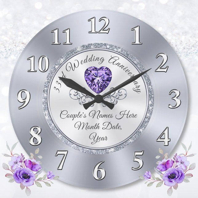 Grande Horloge Ronde Cadeau traditionnel pour les 33 ans de mariage, (What is the gift for 33 years of marriage? Amethyst anniversary gift. 33 years married gift.)