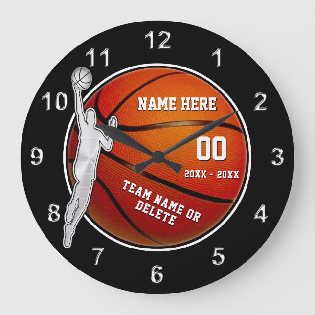 Grande Horloge Ronde Cadeaux de basketball noir, blanc et argent pour g (Recto)