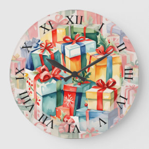 Grande Horloge Ronde Cadeaux de Noël Colorés à Motif Aquarelle 