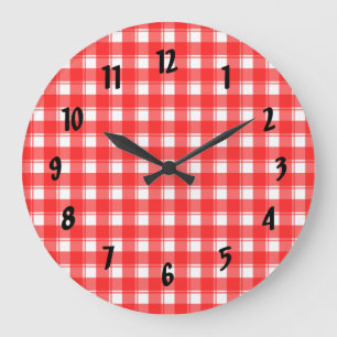 Grande Horloge Ronde Cadran à chiffres noirs Carreaux Rouges Blancs