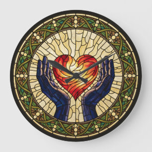 Grande Horloge Ronde Cadran de Faux Vitrail avec Deux Aiguilles et Cœur