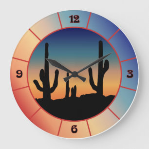 Grande Horloge Ronde Cadran de silhouette de coucher de soleil de cactu