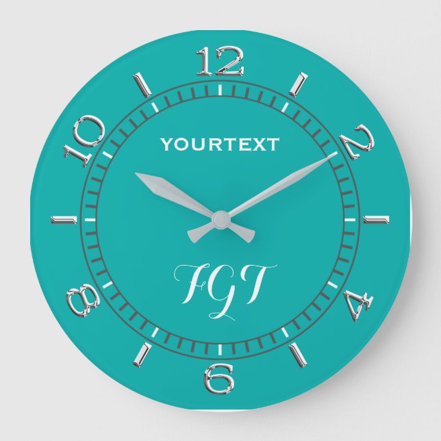 Grande Horloge Ronde Cadran Décor Turquoise Facilement Personnalisé (Recto)