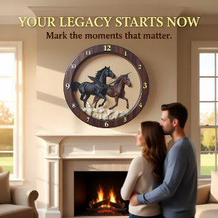 Grande Horloge Ronde Cadran en Bois Faux Cheval au Galop