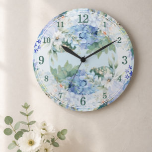 Grande Horloge Ronde Cadran mural à aquarelle florale et hortensia bleu