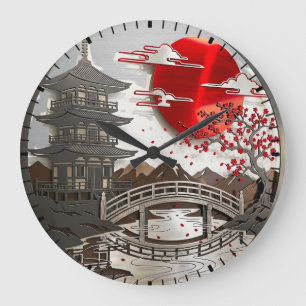 Grande Horloge Ronde Cadran mural à pagode japonaise avec fleurs de cer