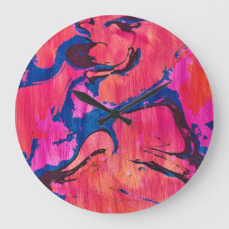 Grande Horloge Ronde Cadran mural abstrait de style Ebru bleu rouge Val
