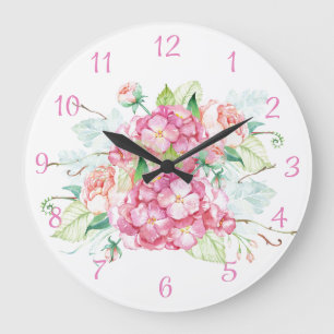 Grande Horloge Ronde Cadran mural aquarelle Fleur d'Hydrangea rose