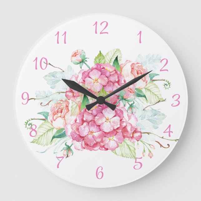 Grande Horloge Ronde Cadran mural aquarelle Fleur d'Hydrangea rose (Recto)