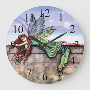 Grande Horloge Ronde Cadran mural d'art fantastique de fée qui regarde 