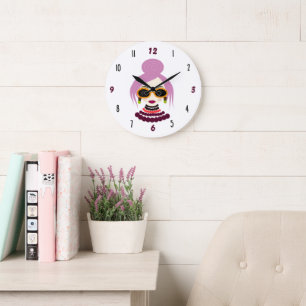 Grande Horloge Ronde Cadran mural de portrait de mode aux cheveux roses