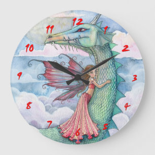 Grande Horloge Ronde Cadran mural Dragon de conte de fées et Filles fée