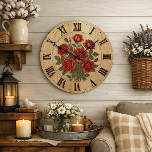 Grande Horloge Ronde Cadran mural Fleurs de jardin rouge vibrant