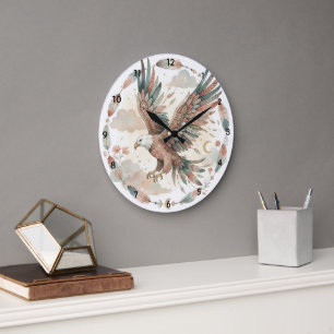 Grande Horloge Ronde Cadran mural grand format aquarelle Boho Eagle