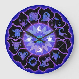 Grande Horloge Ronde Cadran mural roue du zodiaque en bleu et noir